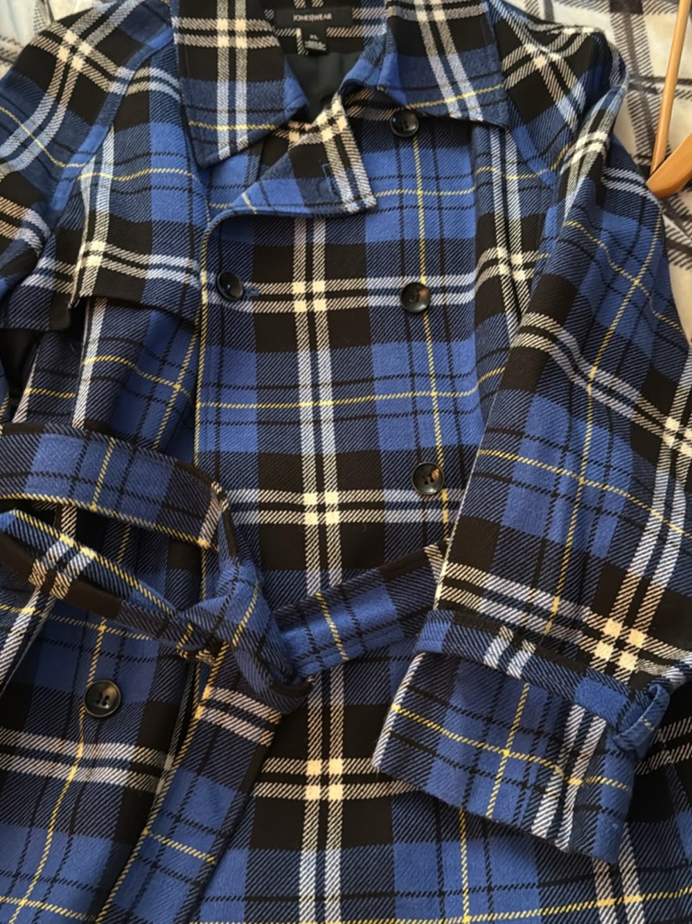 Jones Wear Blue Black Plaid Trench Coat